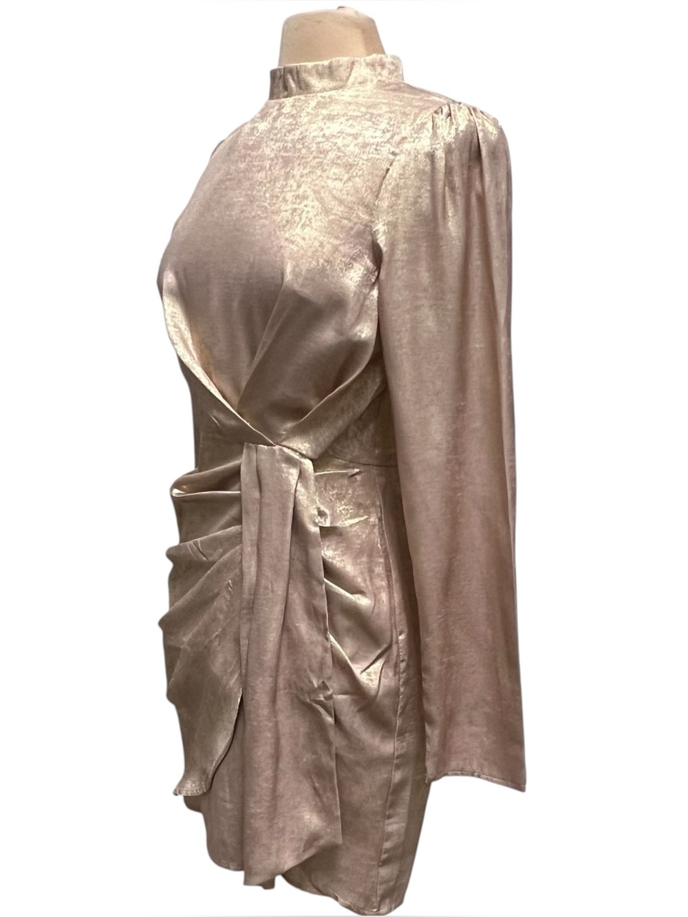 Andrée by Unit Rose Gold Metallic Shimmer Faux Wrap Mini Dress S - Picture 3 of 8